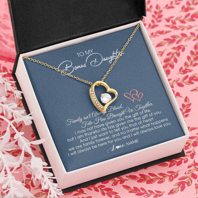Forever Love Necklace 18K Yellow Gold Finish | Personalized To My Bonus Daughter Necklace From Mom Dad We Are Family Forever Jewelry Step Daughter Pendant Birthday Christmas Customized Gift Box Message Card | siriusteestore