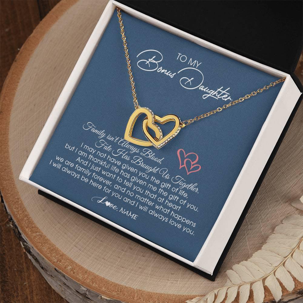 Interlocking Hearts Necklace 18K Yellow Gold Finish | Personalized To My Bonus Daughter Necklace From Mom Dad We Are Family Forever Jewelry Step Daughter Pendant Birthday Christmas Customized Gift Box Message Card | siriusteestore