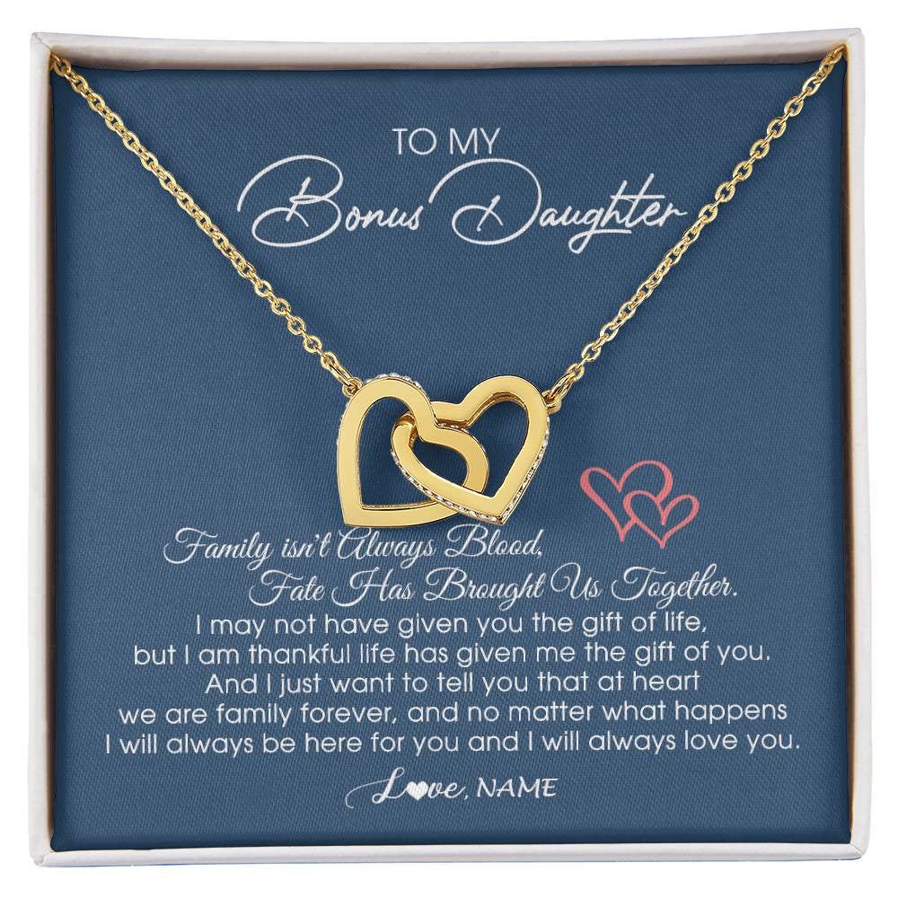 Interlocking Hearts Necklace 18K Yellow Gold Finish | Personalized To My Bonus Daughter Necklace From Mom Dad We Are Family Forever Jewelry Step Daughter Pendant Birthday Christmas Customized Gift Box Message Card | siriusteestore