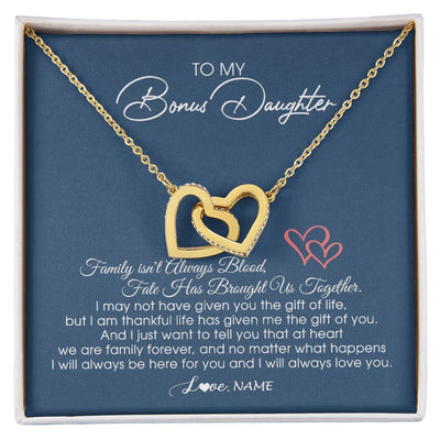 Interlocking Hearts Necklace 18K Yellow Gold Finish | Personalized To My Bonus Daughter Necklace From Mom Dad We Are Family Forever Jewelry Step Daughter Pendant Birthday Christmas Customized Gift Box Message Card | siriusteestore