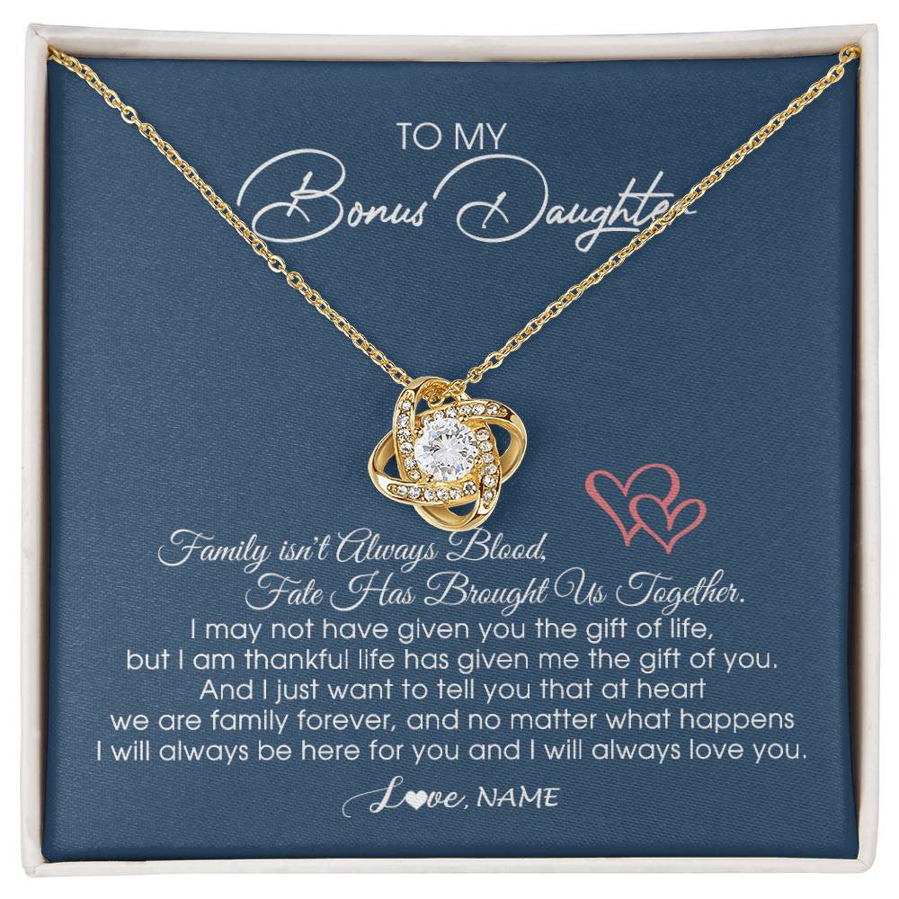 Love Knot Necklace 18K Yellow Gold Finish | Personalized To My Bonus Daughter Necklace From Mom Dad We Are Family Forever Jewelry Step Daughter Pendant Birthday Christmas Customized Gift Box Message Card | siriusteestore