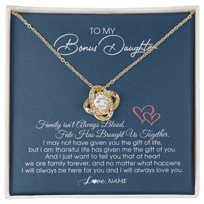 Love Knot Necklace 18K Yellow Gold Finish | Personalized To My Bonus Daughter Necklace From Mom Dad We Are Family Forever Jewelry Step Daughter Pendant Birthday Christmas Customized Gift Box Message Card | siriusteestore