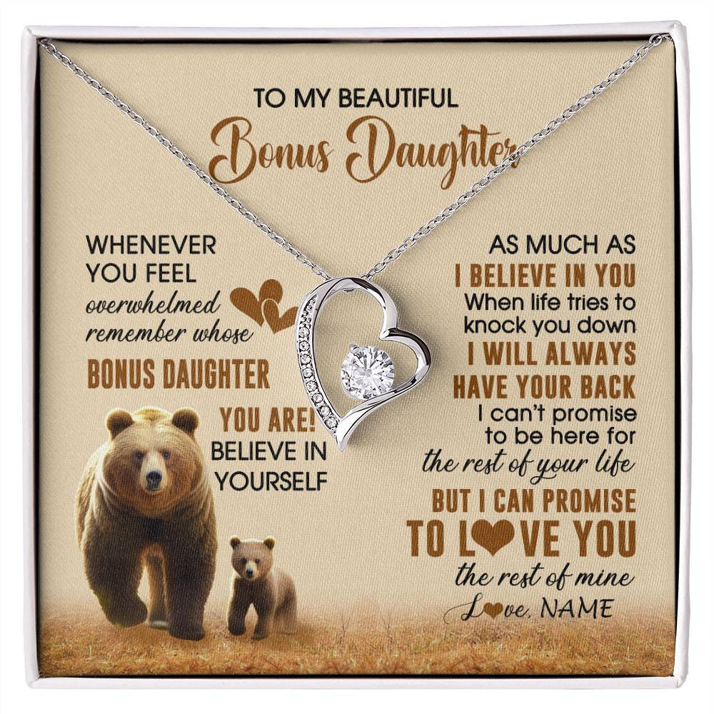 Forever Love Necklace 14K White Gold Finish | 1 | Personalized To My Bonus Daughter Necklace From StepMom Dad Whenever You Feel Bear Stepdaughter Birthday Gifts Gifts Christmas Customized Gift Box Message Card | siriusteestore