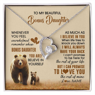 Forever Love Necklace 14K White Gold Finish | 1 | Personalized To My Bonus Daughter Necklace From StepMom Dad Whenever You Feel Bear Stepdaughter Birthday Gifts Gifts Christmas Customized Gift Box Message Card | siriusteestore