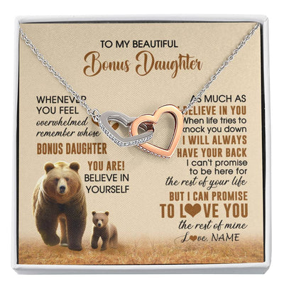 Interlocking Hearts Necklace Stainless Steel & Rose Gold Finish | 1 | Personalized To My Bonus Daughter Necklace From StepMom Dad Whenever You Feel Bear Stepdaughter Birthday Gifts Gifts Christmas Customized Gift Box Message Card | siriusteestore