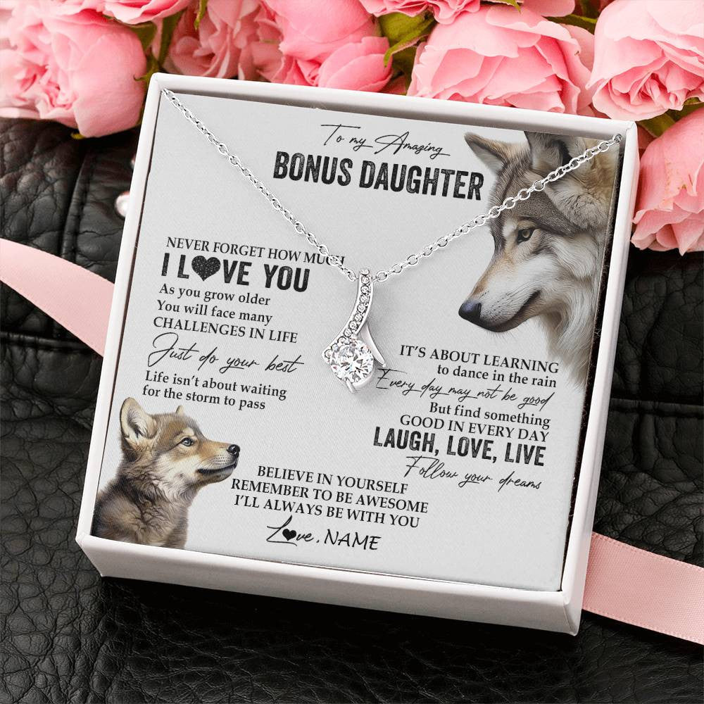 Alluring Beauty Necklace 14K White Gold Finish | 2 | Personalized To My Bonus Daughter Necklace From StepMom Just Do You Best Laugh Love Live Wolf Stepdaughter Birthday Christmas Customized Gift Box Message Card | siriusteestore
