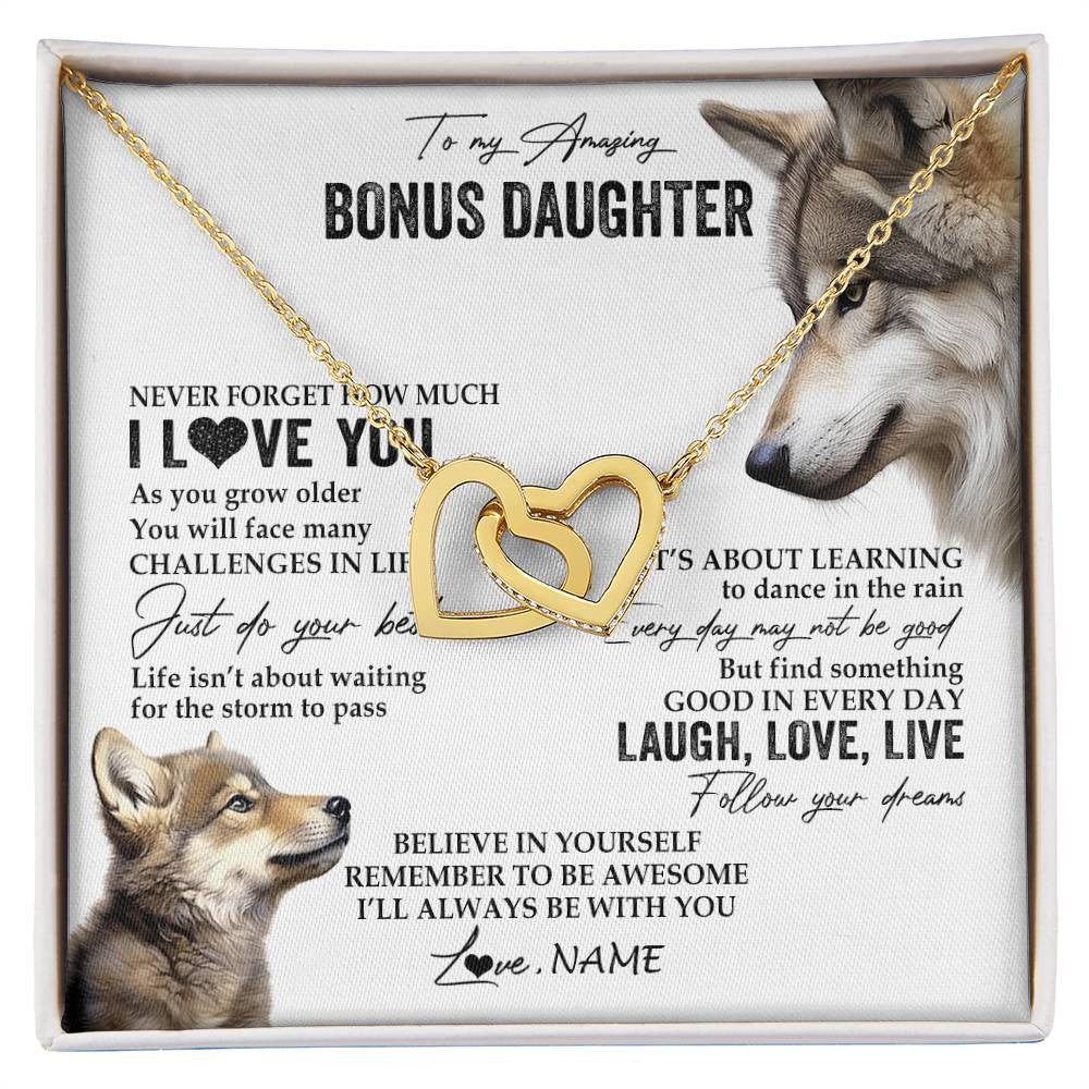 Interlocking Hearts Necklace 18K Yellow Gold Finish | 1 | Personalized To My Bonus Daughter Necklace From StepMom Just Do You Best Laugh Love Live Wolf Stepdaughter Birthday Christmas Customized Gift Box Message Card | siriusteestore