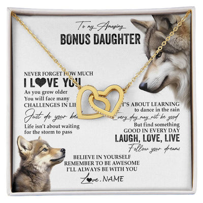 Interlocking Hearts Necklace 18K Yellow Gold Finish | 1 | Personalized To My Bonus Daughter Necklace From StepMom Just Do You Best Laugh Love Live Wolf Stepdaughter Birthday Christmas Customized Gift Box Message Card | siriusteestore