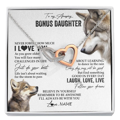 Interlocking Hearts Necklace Stainless Steel & Rose Gold Finish | 1 | Personalized To My Bonus Daughter Necklace From StepMom Just Do You Best Laugh Love Live Wolf Stepdaughter Birthday Christmas Customized Gift Box Message Card | siriusteestore