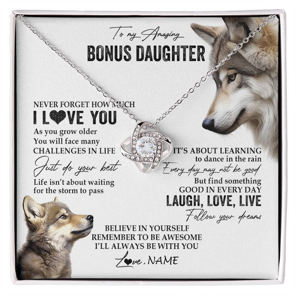 Love Knot Necklace 14K White Gold Finish | 1 | Personalized To My Bonus Daughter Necklace From StepMom Just Do You Best Laugh Love Live Wolf Stepdaughter Birthday Christmas Customized Gift Box Message Card | siriusteestore
