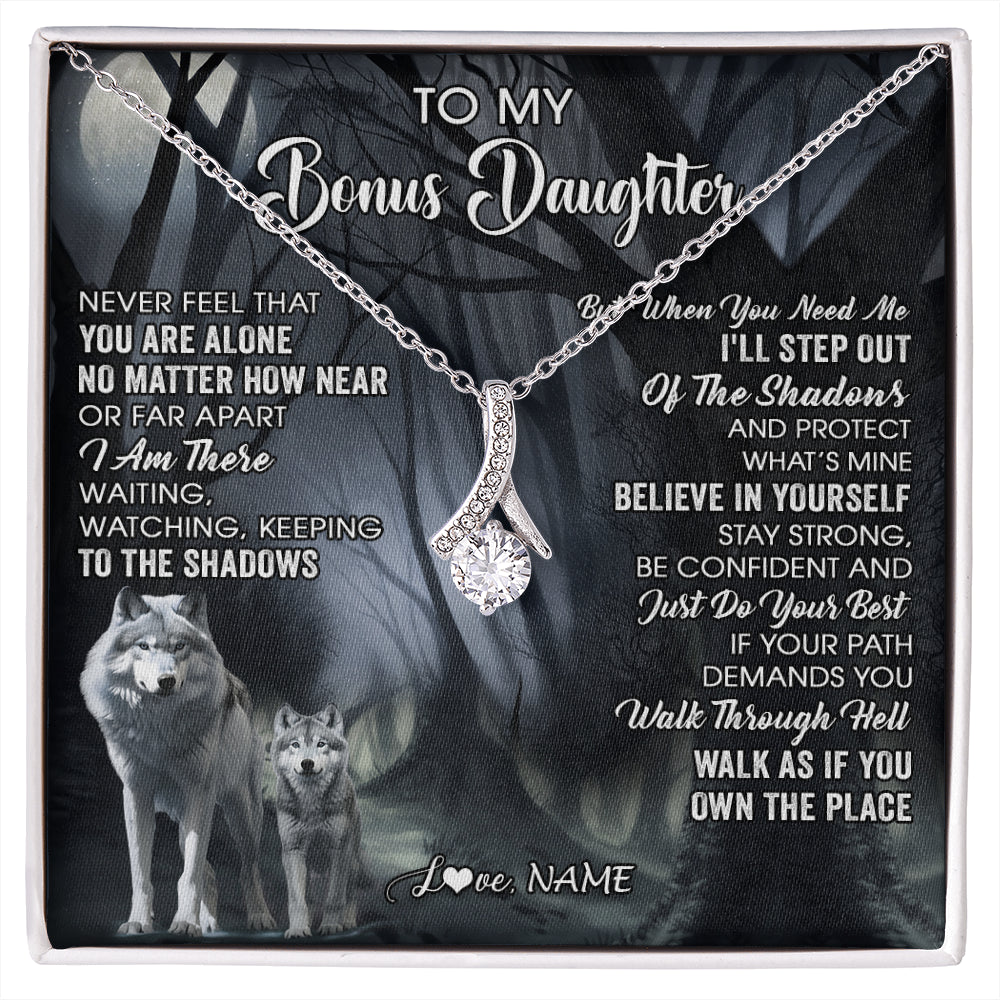 Alluring Beauty Necklace 14K White Gold Finish | 1 | Personalized To My Bonus Daughter Necklace From Step Dad Mom Never Feel That You Are Alone Wolf Birthday Jewelry Christmas Customized Gift Box Message Card | siriusteestore