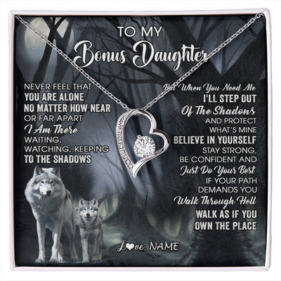 Forever Love Necklace 14K White Gold Finish | 1 | Personalized To My Bonus Daughter Necklace From Step Dad Mom Never Feel That You Are Alone Wolf Birthday Jewelry Christmas Customized Gift Box Message Card | siriusteestore