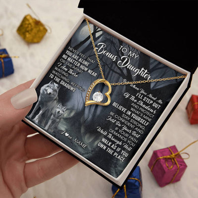 Forever Love Necklace 18K Yellow Gold Finish | 2 | Personalized To My Bonus Daughter Necklace From Step Dad Mom Never Feel That You Are Alone Wolf Birthday Jewelry Christmas Customized Gift Box Message Card | siriusteestore