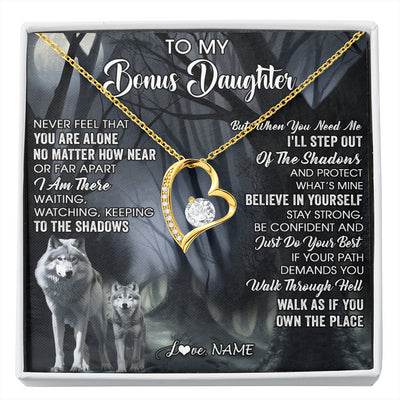 Forever Love Necklace 18K Yellow Gold Finish | 1 | Personalized To My Bonus Daughter Necklace From Step Dad Mom Never Feel That You Are Alone Wolf Birthday Jewelry Christmas Customized Gift Box Message Card | siriusteestore