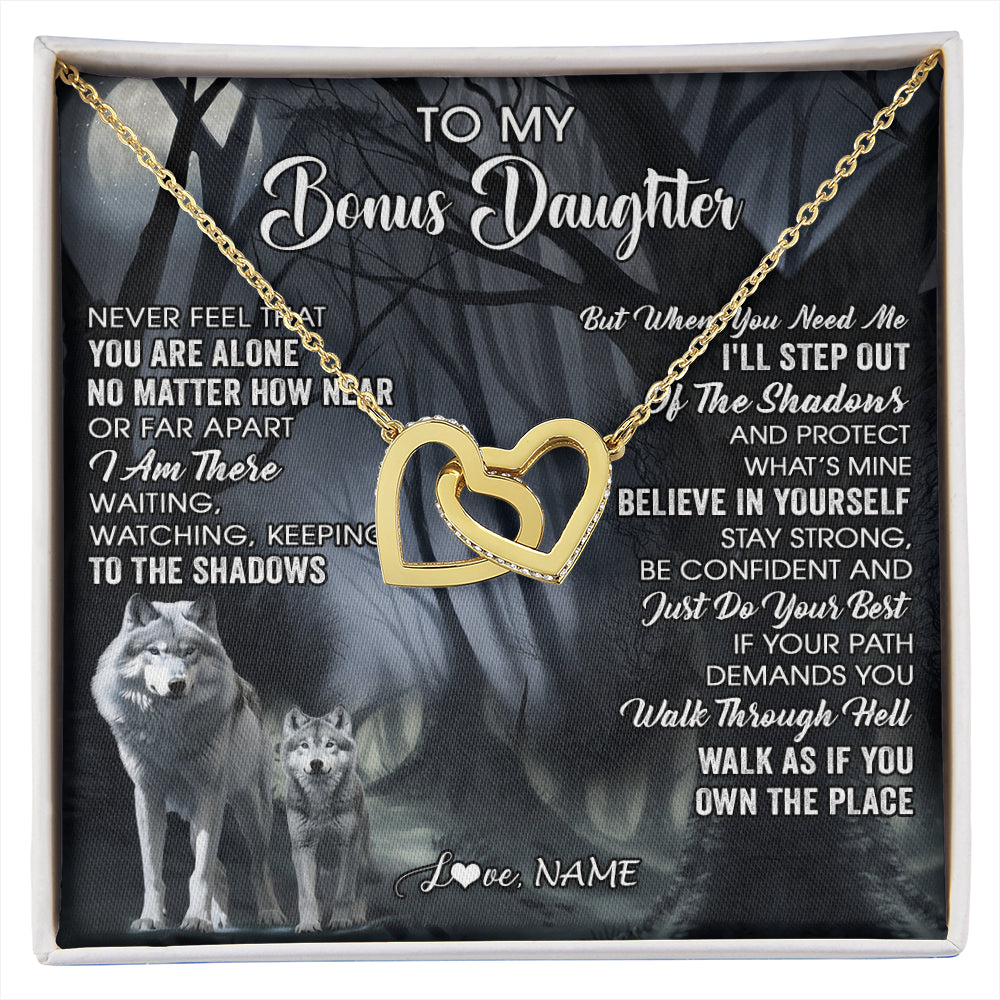 Interlocking Hearts Necklace 18K Yellow Gold Finish | 1 | Personalized To My Bonus Daughter Necklace From Step Dad Mom Never Feel That You Are Alone Wolf Birthday Jewelry Christmas Customized Gift Box Message Card | siriusteestore