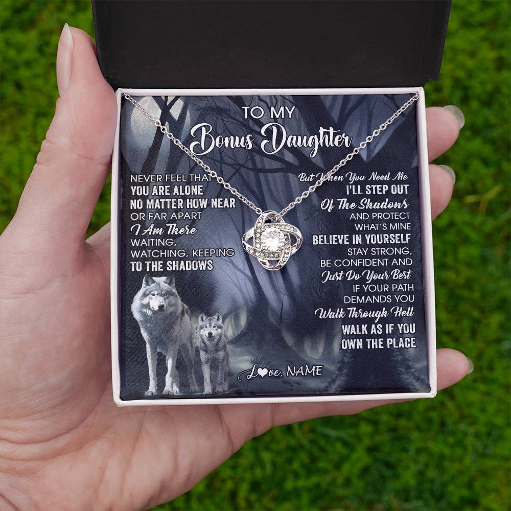 Love Knot Necklace 14K White Gold Finish | 2 | Personalized To My Bonus Daughter Necklace From Step Dad Mom Never Feel That You Are Alone Wolf Birthday Jewelry Christmas Customized Gift Box Message Card | siriusteestore
