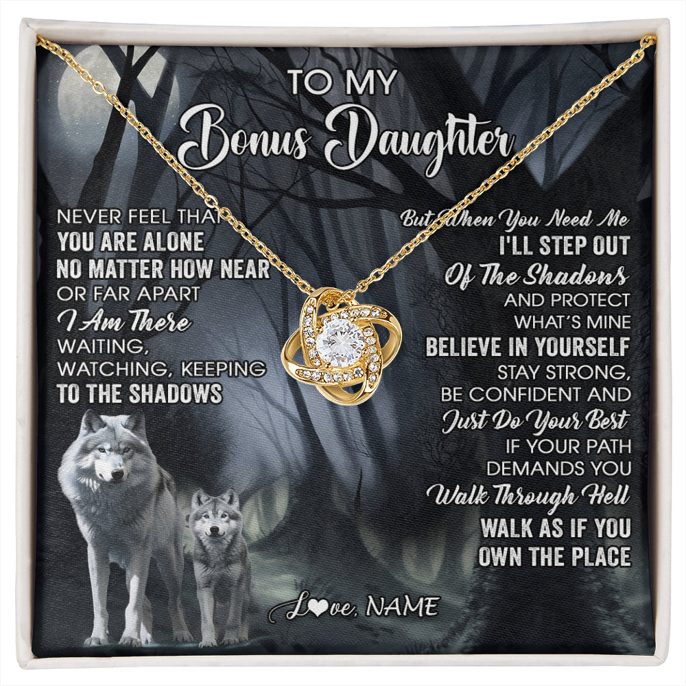 Love Knot Necklace 18K Yellow Gold Finish | 1 | Personalized To My Bonus Daughter Necklace From Step Dad Mom Never Feel That You Are Alone Wolf Birthday Jewelry Christmas Customized Gift Box Message Card | siriusteestore