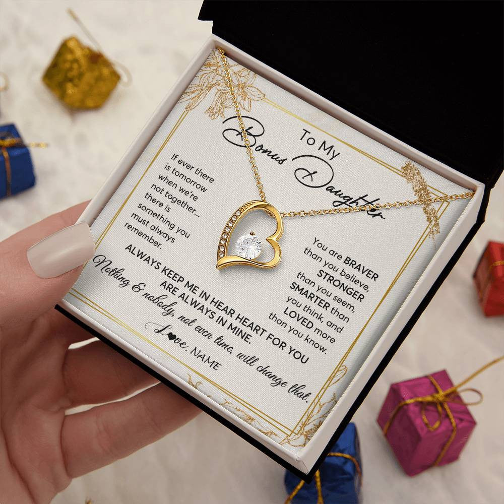 Forever Love Necklace 18K Yellow Gold Finish | 2 | Personalized To My Bonus Daughter Necklace From Step Mom Always Keep Me In Your Heart Step Daughter Birthday Christmas Customized Gift Box Message Card | siriusteestore