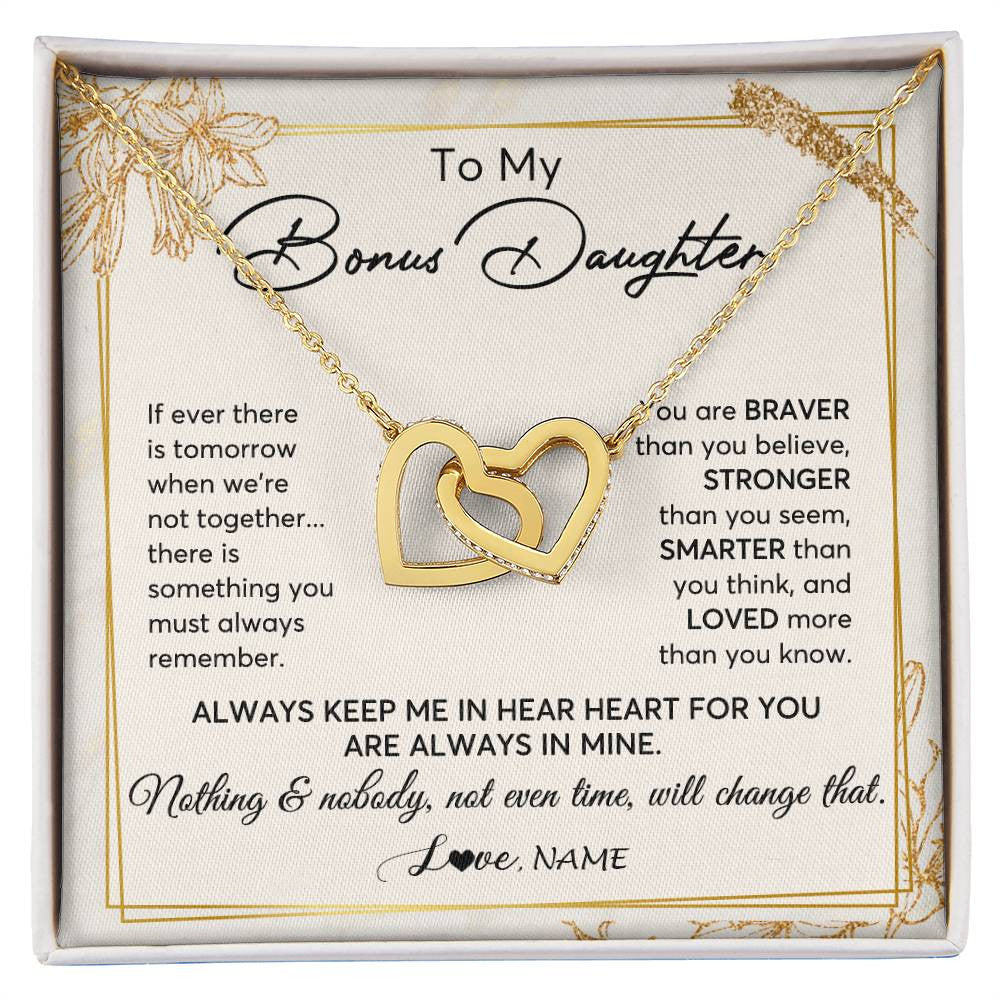 Interlocking Hearts Necklace 18K Yellow Gold Finish | 1 | Personalized To My Bonus Daughter Necklace From Step Mom Always Keep Me In Your Heart Step Daughter Birthday Christmas Customized Gift Box Message Card | siriusteestore