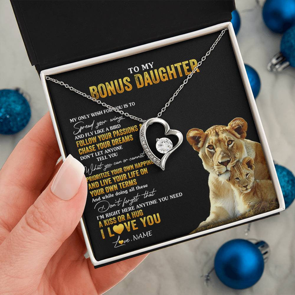 Forever Love Necklace 14K White Gold Finish | 2 | Personalized To My Bonus Daughter Necklace From Step Mom Lion My Only Wish For You Stepdaughter Birthday Graduation Christmas Customized Gift Box Message Card | siriusteestore