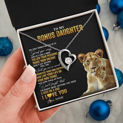 Forever Love Necklace 14K White Gold Finish | 2 | Personalized To My Bonus Daughter Necklace From Step Mom Lion My Only Wish For You Stepdaughter Birthday Graduation Christmas Customized Gift Box Message Card | siriusteestore