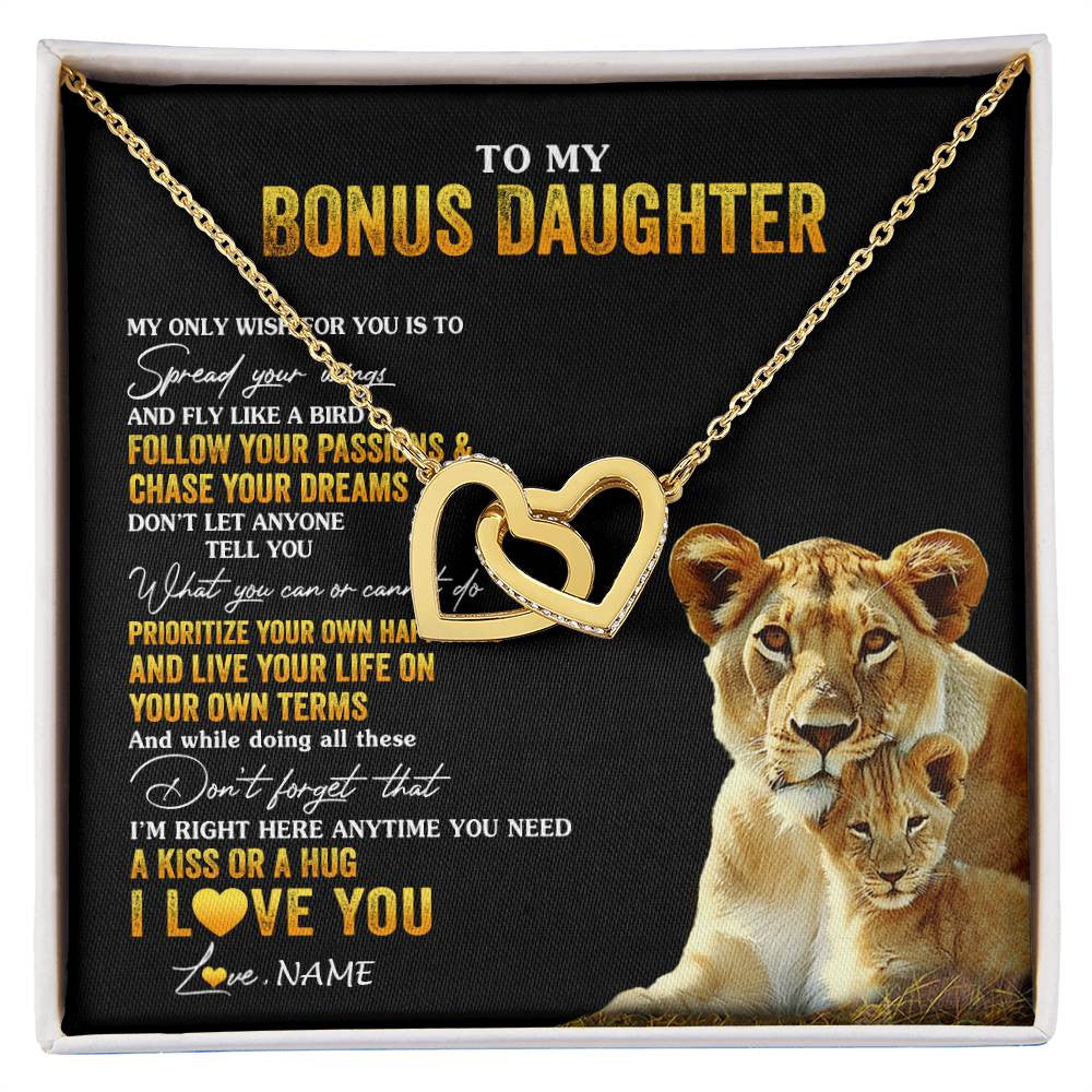 Interlocking Hearts Necklace 18K Yellow Gold Finish | 1 | Personalized To My Bonus Daughter Necklace From Step Mom Lion My Only Wish For You Stepdaughter Birthday Graduation Christmas Customized Gift Box Message Card | siriusteestore