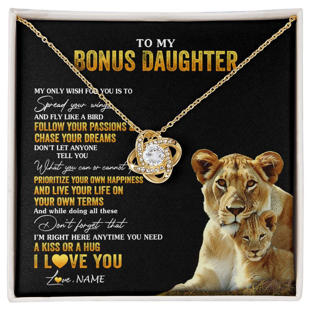 Love Knot Necklace 18K Yellow Gold Finish | 1 | Personalized To My Bonus Daughter Necklace From Step Mom Lion My Only Wish For You Stepdaughter Birthday Graduation Christmas Customized Gift Box Message Card | siriusteestore