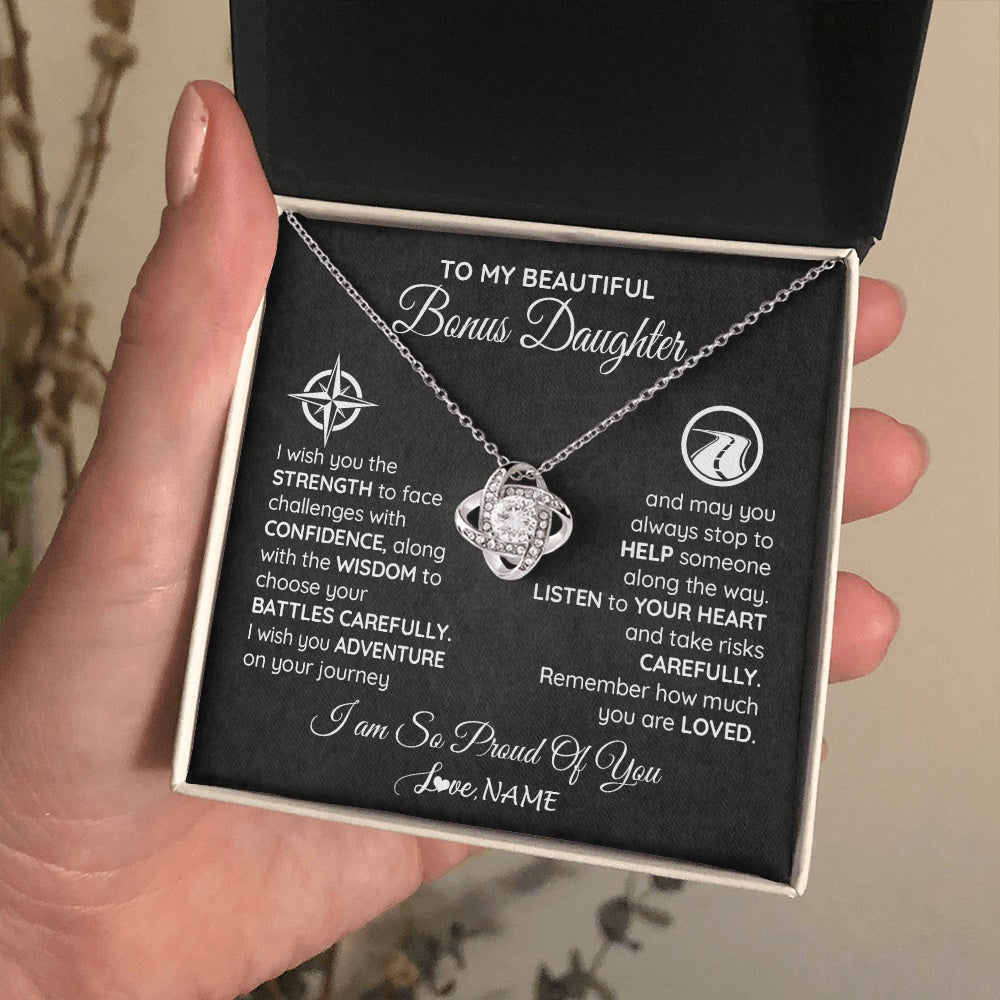 Love Knot Necklace 14K White Gold Finish | 2 | Personalized To My Bonus Daughter Necklace From Step Mom Stepdad I Wish You The Strength Birthday Graduation Inspirational Customized Gift Box Message Card | siriusteestore.myshopify