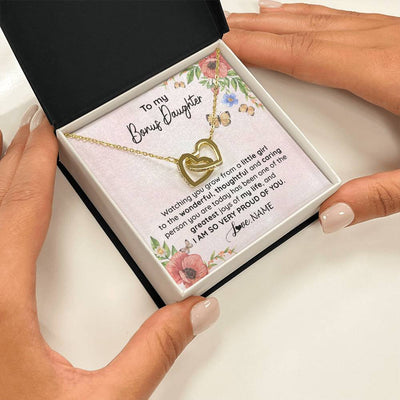 Interlocking Hearts Necklace 18K Yellow Gold Finish | 2 | Personalized To My Bonus Daughter Necklace From Step Mom Watching You Grow Stepddaughter Birthday Gifts Jewelry Christmas Customized Gift Box Message Card | siriusteestore