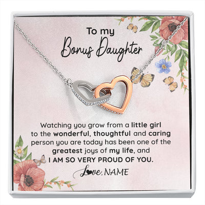 Interlocking Hearts Necklace Stainless Steel & Rose Gold Finish | 1 | Personalized To My Bonus Daughter Necklace From Step Mom Watching You Grow Stepddaughter Birthday Gifts Jewelry Christmas Customized Gift Box Message Card | siriusteestore