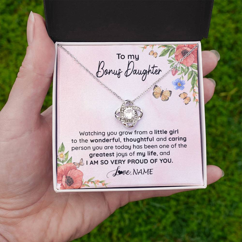 Love Knot Necklace 14K White Gold Finish | 2 | Personalized To My Bonus Daughter Necklace From Step Mom Watching You Grow Stepddaughter Birthday Gifts Jewelry Christmas Customized Gift Box Message Card | siriusteestore