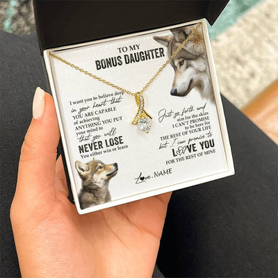 Alluring Beauty Necklace 18K Yellow Gold Finish | 2 | Personalized To My Bonus Daughter Necklace From Step Mom You Will Never Lose Wolf Stepdaughter Birthday Graduation Christmas Customized Gift Box Message Card | siriusteestore