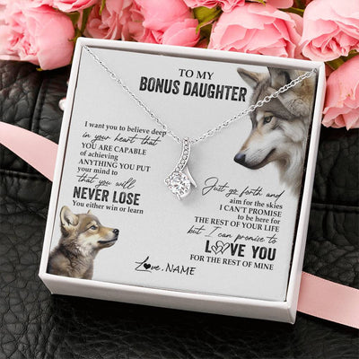 Alluring Beauty Necklace 14K White Gold Finish | 2 | Personalized To My Bonus Daughter Necklace From Step Mom You Will Never Lose Wolf Stepdaughter Birthday Graduation Christmas Customized Gift Box Message Card | siriusteestore