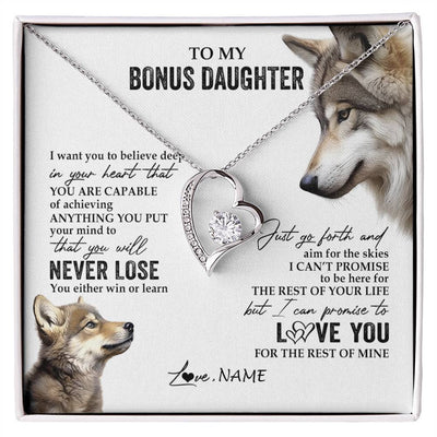 Forever Love Necklace 14K White Gold Finish | 1 | Personalized To My Bonus Daughter Necklace From Step Mom You Will Never Lose Wolf Stepdaughter Birthday Graduation Christmas Customized Gift Box Message Card | siriusteestore