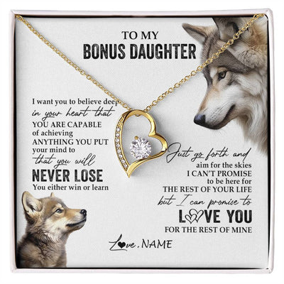 Forever Love Necklace 18K Yellow Gold Finish | 1 | Personalized To My Bonus Daughter Necklace From Step Mom You Will Never Lose Wolf Stepdaughter Birthday Graduation Christmas Customized Gift Box Message Card | siriusteestore