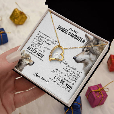Forever Love Necklace 18K Yellow Gold Finish | 2 | Personalized To My Bonus Daughter Necklace From Step Mom You Will Never Lose Wolf Stepdaughter Birthday Graduation Christmas Customized Gift Box Message Card | siriusteestore
