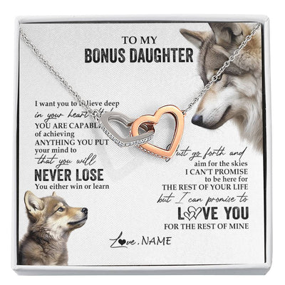 Interlocking Hearts Necklace Stainless Steel & Rose Gold Finish | 1 | Personalized To My Bonus Daughter Necklace From Step Mom You Will Never Lose Wolf Stepdaughter Birthday Graduation Christmas Customized Gift Box Message Card | siriusteestore