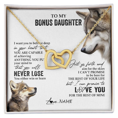 Interlocking Hearts Necklace 18K Yellow Gold Finish | 1 | Personalized To My Bonus Daughter Necklace From Step Mom You Will Never Lose Wolf Stepdaughter Birthday Graduation Christmas Customized Gift Box Message Card | siriusteestore