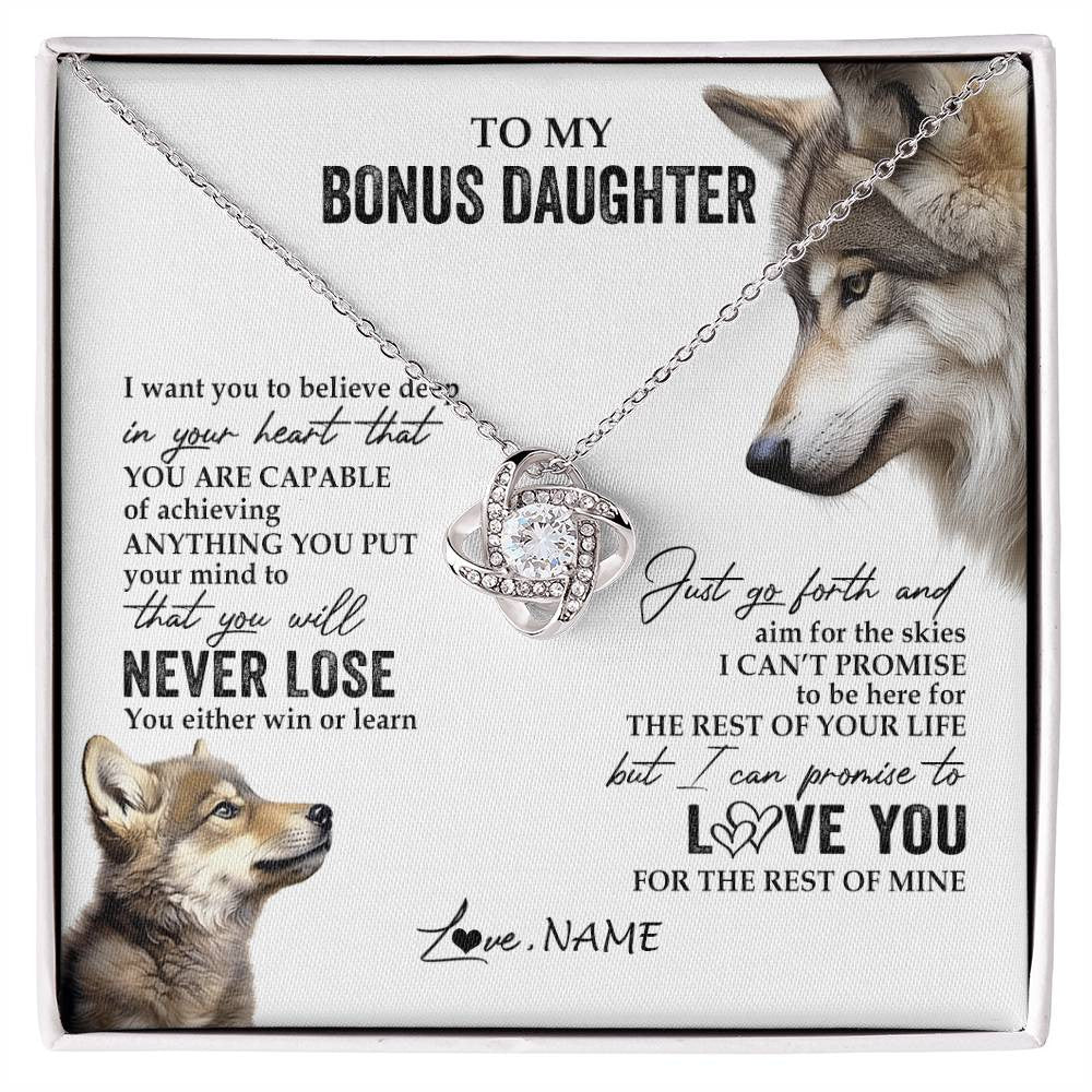 Love Knot Necklace 14K White Gold Finish | 1 | Personalized To My Bonus Daughter Necklace From Step Mom You Will Never Lose Wolf Stepdaughter Birthday Graduation Christmas Customized Gift Box Message Card | siriusteestore