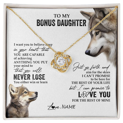 Love Knot Necklace 18K Yellow Gold Finish | 1 | Personalized To My Bonus Daughter Necklace From Step Mom You Will Never Lose Wolf Stepdaughter Birthday Graduation Christmas Customized Gift Box Message Card | siriusteestore