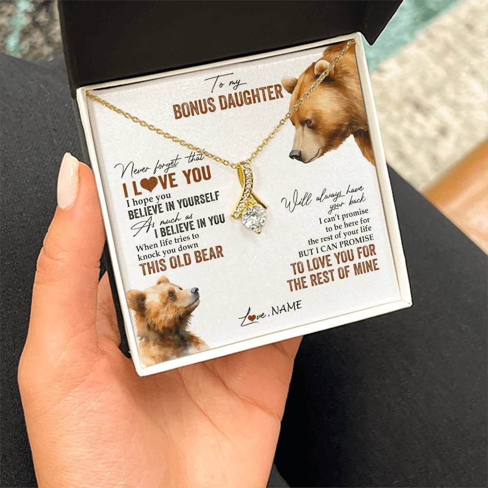 Alluring Beauty Necklace 18K Yellow Gold Finish | 2 | Personalized To My Bonus Daughter Necklace From Step Mother Never Forget That I Love You Bear Stepdaughter Birthday Christmas Customized Gift Box Message Card | siriusteestore