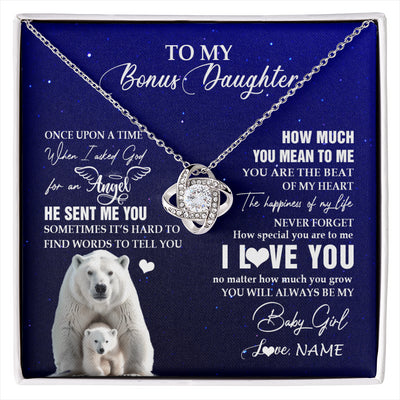 Love Knot Necklace 14K White Gold Finish | 1 | Personalized To My Bonus Daughter Necklace From Step Mother Polar Bear Never Forget I Love You Stepdaughter Birthday Christmas Customized Gift Box Message Card | siriusteestore