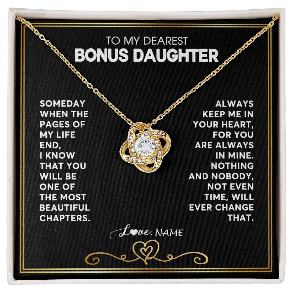Love Knot Necklace 18K Yellow Gold Finish | 1 | Personalized To My Bonus Daughter Necklace From Step Mother When The Pages Of My Life End Stepdaughter Birthday Christmas Customized Gift Box Message Card | siriusteestore