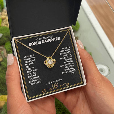 Love Knot Necklace 18K Yellow Gold Finish | 2 | Personalized To My Bonus Daughter Necklace From Step Mother When The Pages Of My Life End Stepdaughter Birthday Christmas Customized Gift Box Message Card | siriusteestore