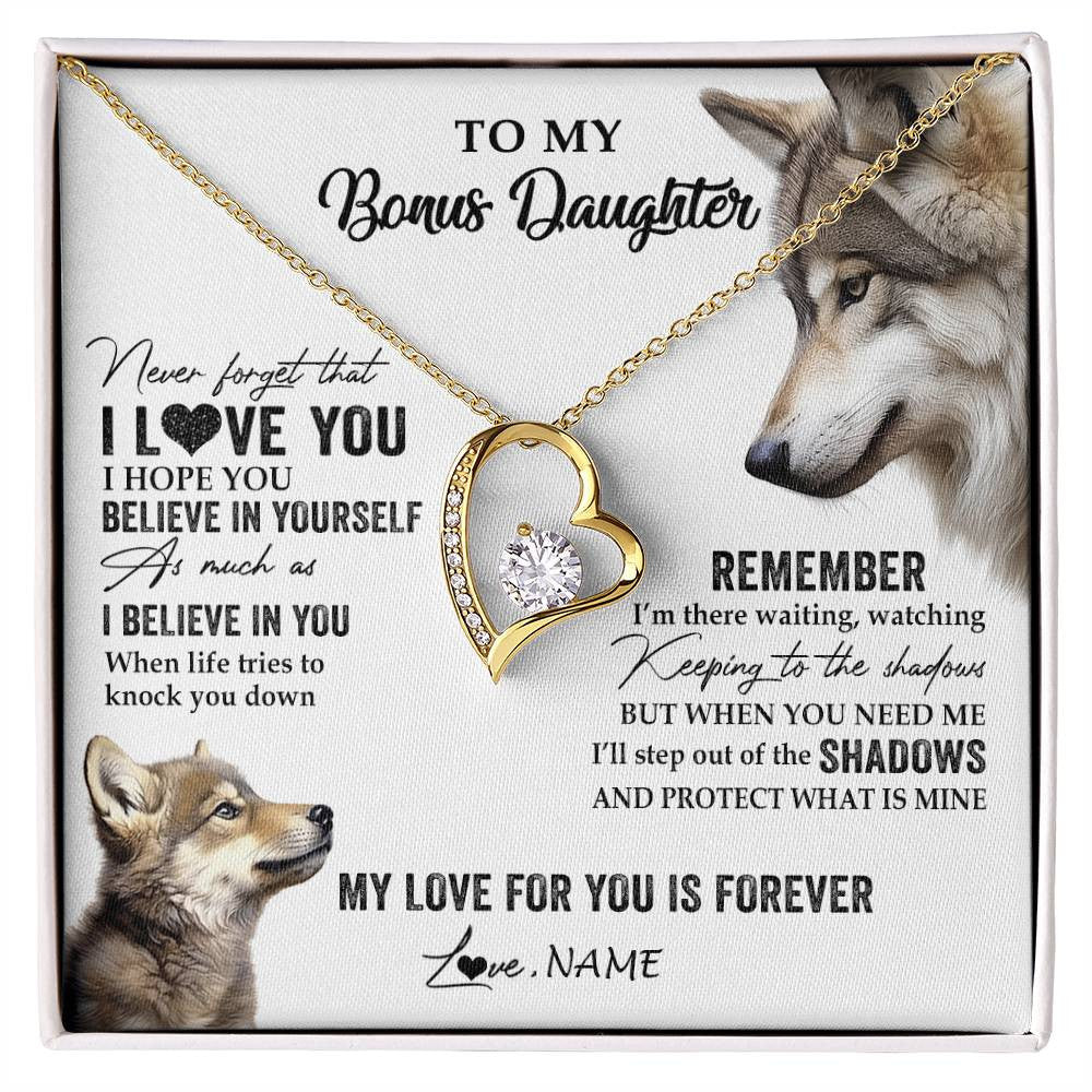Forever Love Necklace 18K Yellow Gold Finish | 1 | Personalized To My Bonus Daughter Necklace From Step Mother Wolf My Love For You Is Forever Stepdaughter Birthday Christmas Customized Gift Box Message Card | siriusteestore
