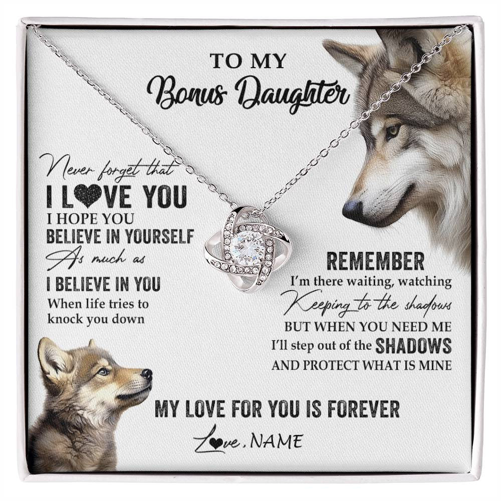 Love Knot Necklace 14K White Gold Finish | 1 | Personalized To My Bonus Daughter Necklace From Step Mother Wolf My Love For You Is Forever Stepdaughter Birthday Christmas Customized Gift Box Message Card | siriusteestore