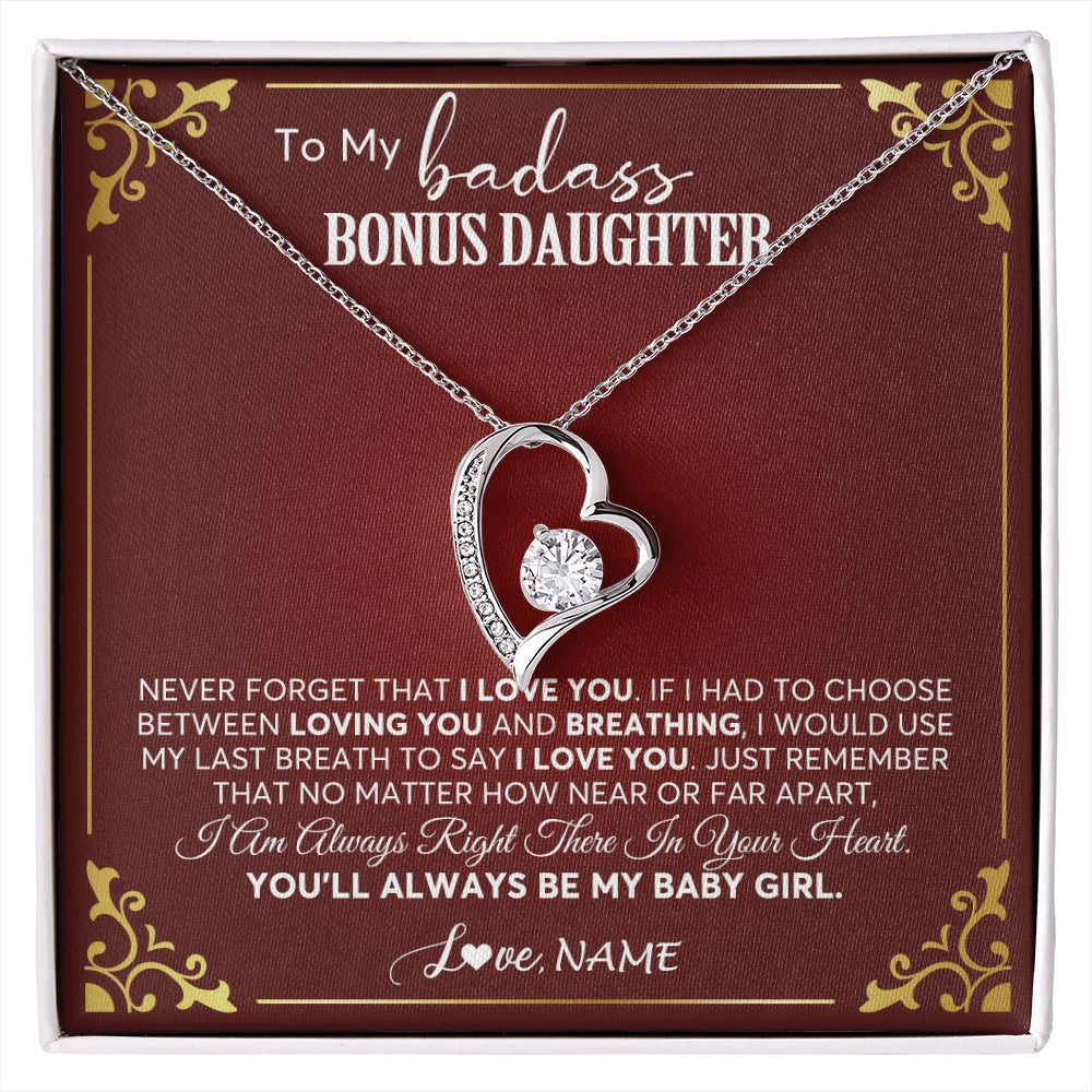 Forever Love Necklace 14K White Gold Finish | 1 | Personalized To My Bonus Daughter Necklace From Step Mother You'll Always Be My Stepdaughter Birthday Christmas Customized Gift Box Message Card | siriusteestore.myshopify