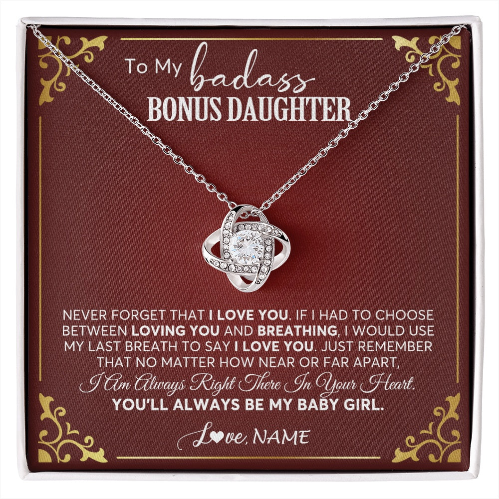 Love Knot Necklace 14K White Gold Finish | 1 | Personalized To My Bonus Daughter Necklace From Step Mother You'll Always Be My Stepdaughter Birthday Christmas Customized Gift Box Message Card | siriusteestore.myshopify