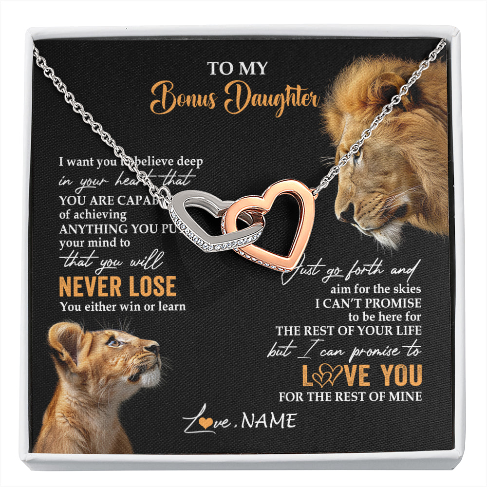 Interlocking Hearts Necklace Stainless Steel & Rose Gold Finish | 1 | Personalized To My Bonus Daughter Necklace From Stepdad Dad You Will Never Lose Lion Stepdaughter Birthday Gifts Christmas Customized Gift Box Message Card | siriusteestore