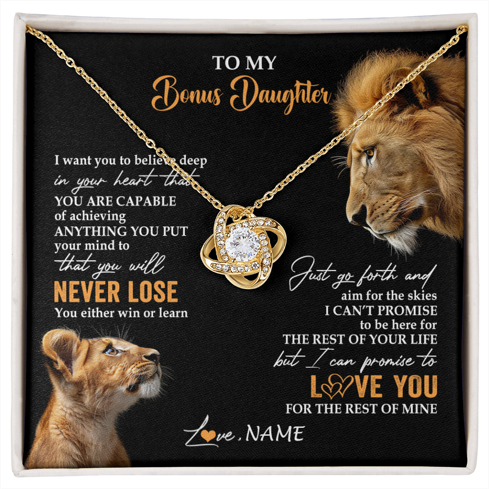 Love Knot Necklace 18K Yellow Gold Finish | 1 | Personalized To My Bonus Daughter Necklace From Stepdad Dad You Will Never Lose Lion Stepdaughter Birthday Gifts Christmas Customized Gift Box Message Card | siriusteestore